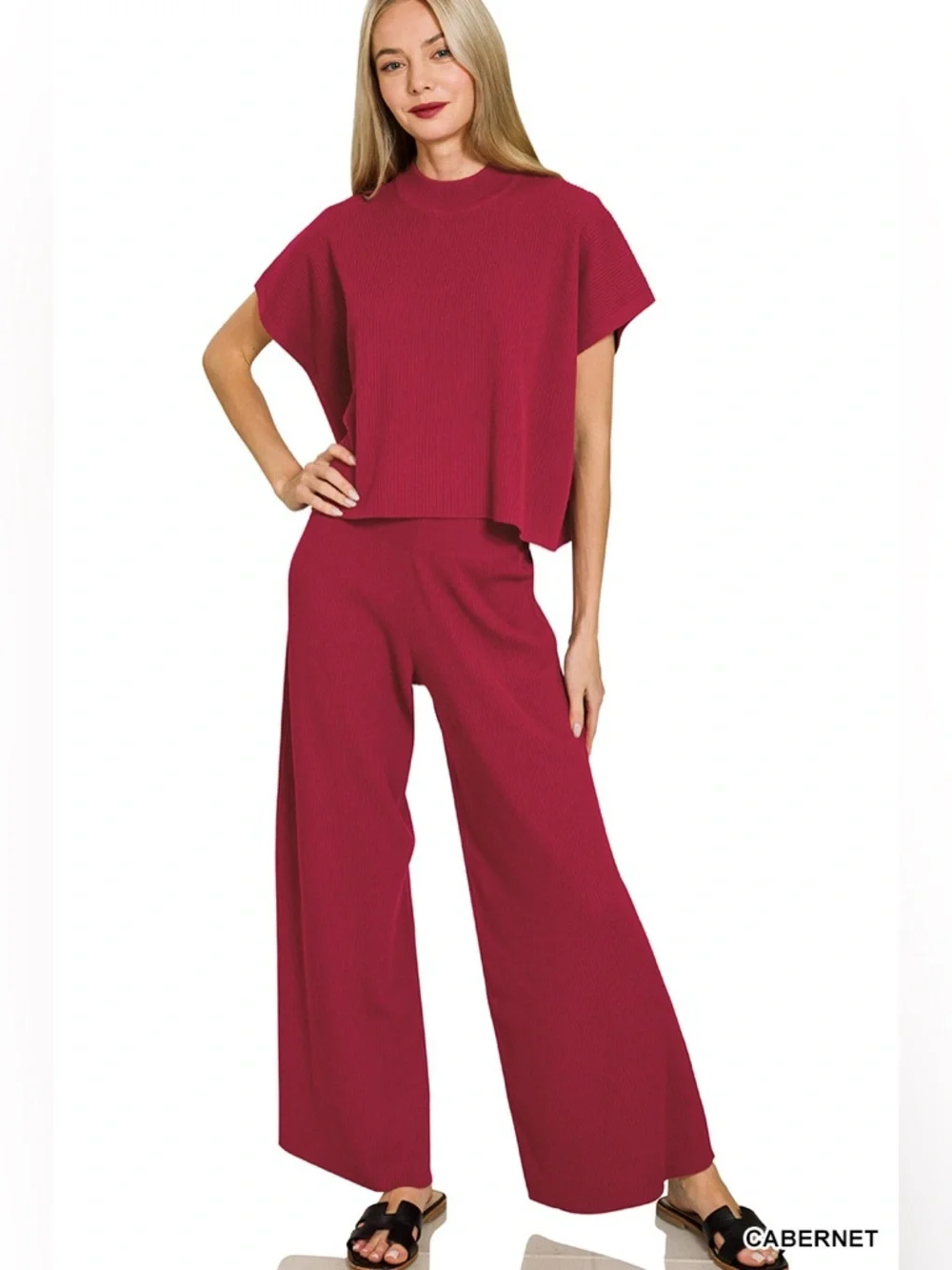 NEW Zenana Cabernet Red Ribbed Knit Matching Lounge Set Top & High Rise Pants